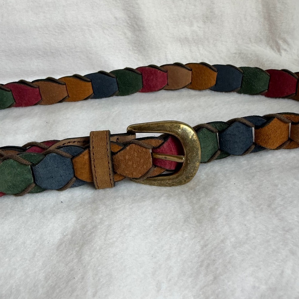 Vintage Multicolor Braided Suede Leather Belt Patchwork Boho Brass Buckle XL - Picture 2 of 4